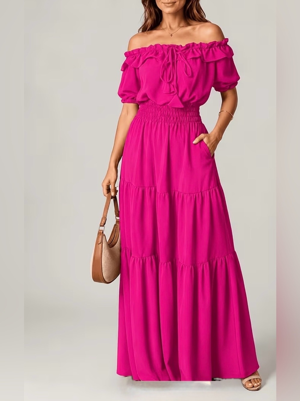 Off-Shoulder Fuchsia Tiered Maxi Skirt Dress - Unbranded